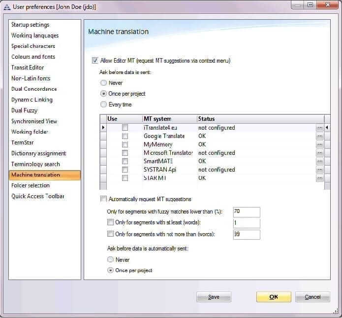 User preferences group, Machine translation screen