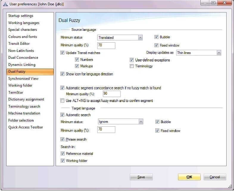 User preferences window, Dual fuzzy screen
