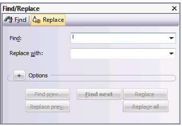 Find/Replace window, Replace tab