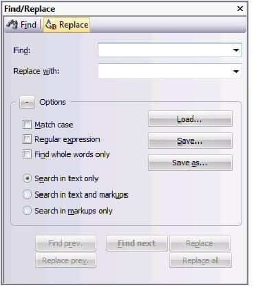 Expanded Find/Replace window, Replace tab
