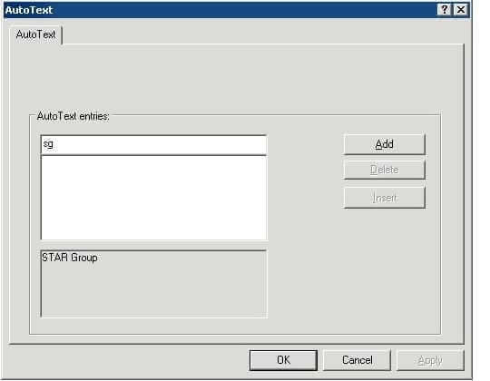 AutoText window with name of AutoText entered