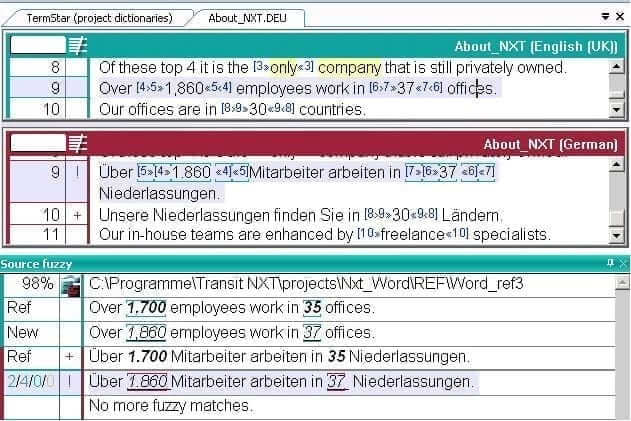 Example of the appearance of update markers in the Transit editor and in the Source fuzzy window