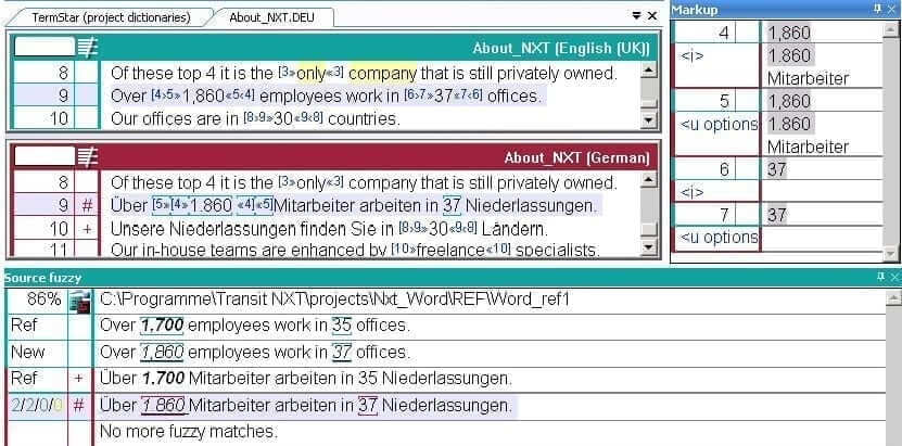 Example of how Transit indicates a differing number of markups in the reference segment and the segment to be translated