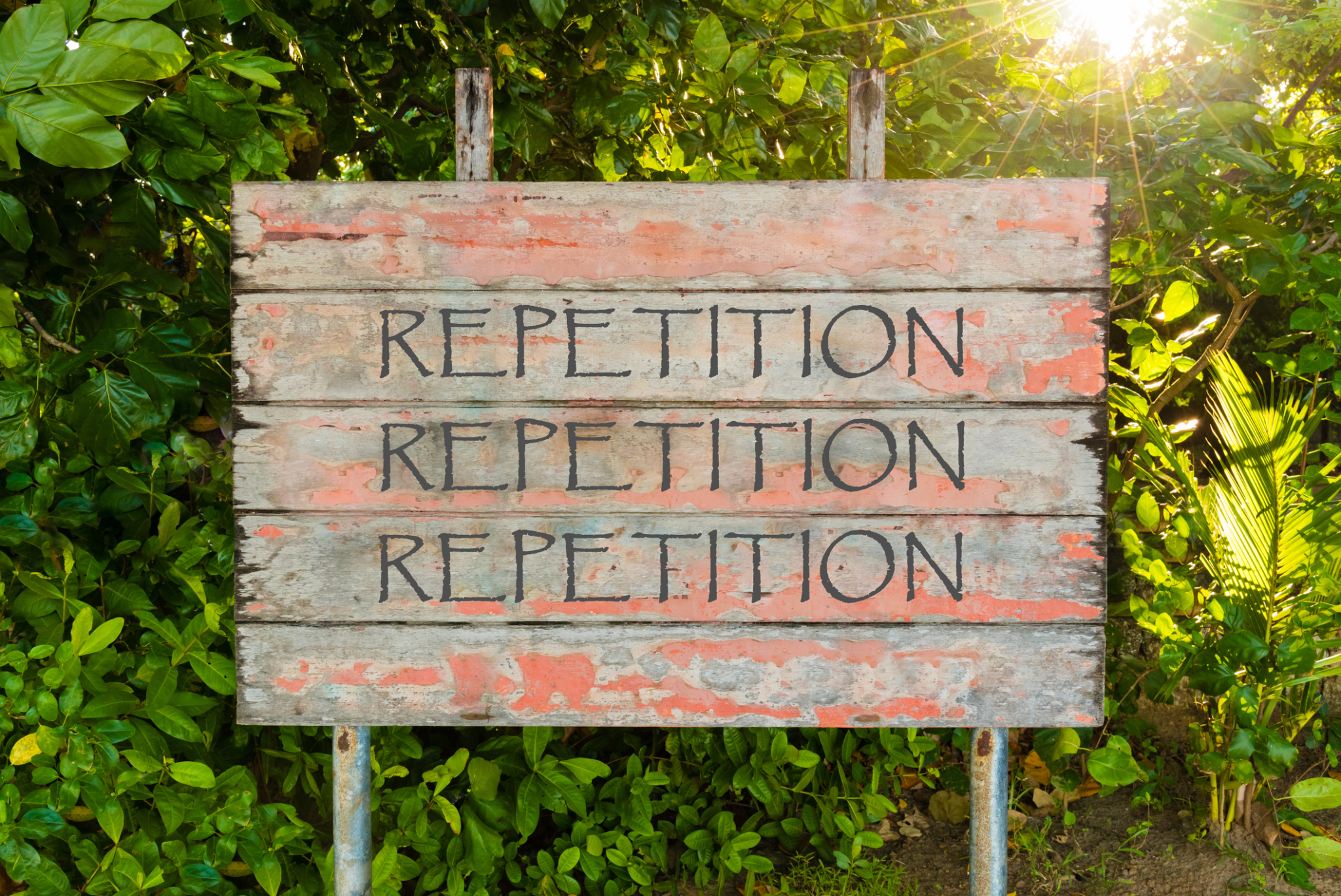 Wooden sign with the word repetition written on it three times with a woodland background