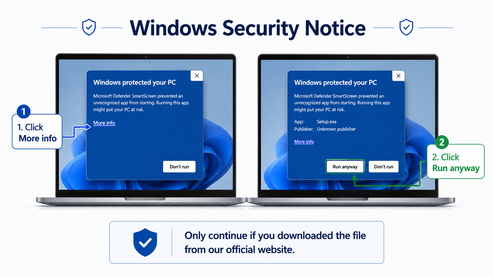 Windows Defender SmartScreen instructions: click More info, check the application name, then click Run anyway